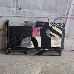 Elegant Patchwork Wallet in Black, Pink, and Silver